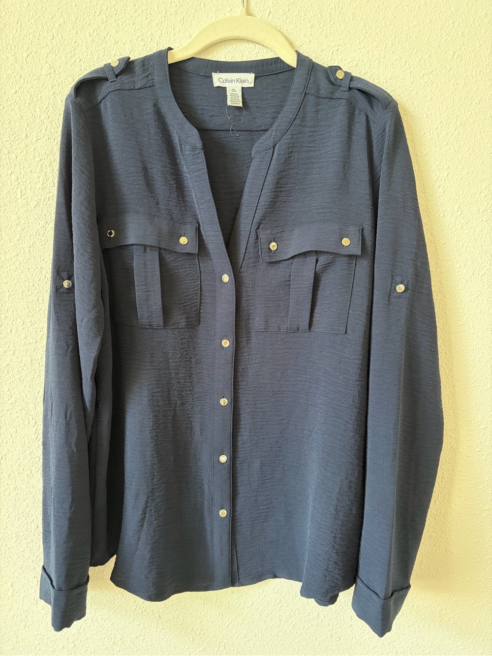 Calvin Klein Women’s Pocket Oversized Button Down Top Navy Blue Size Medium